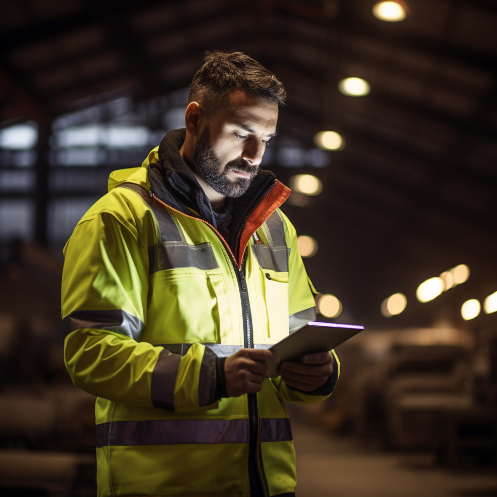 Construction worker in high vis inside looking at a tablet